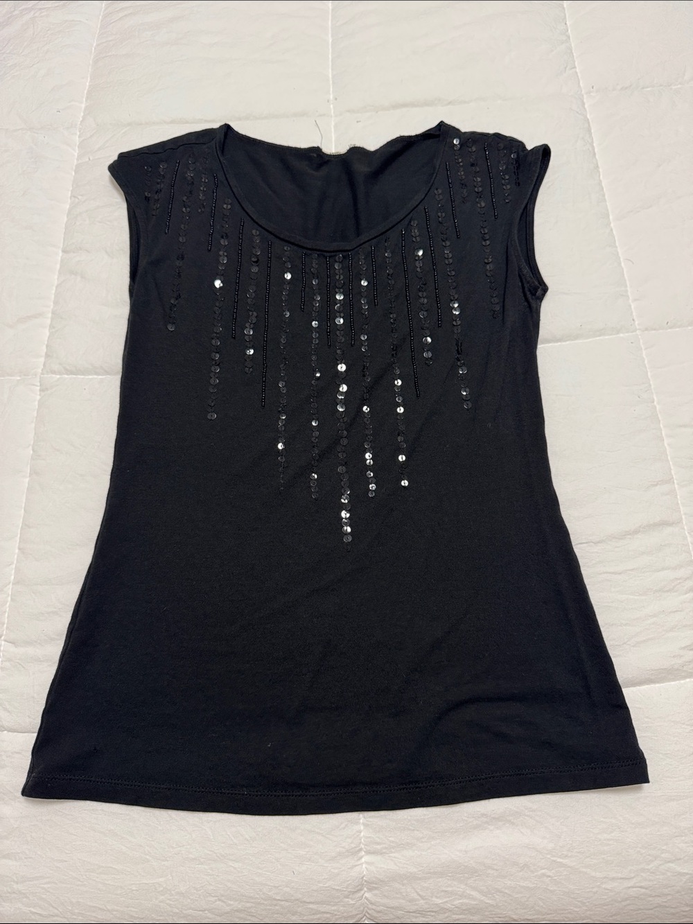 Black Sequin Scoop Neck Cap Sleeve Top